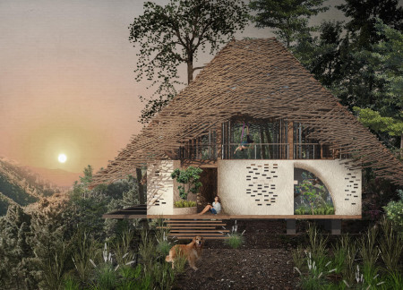 Biophilic Retreat Featuring Natural Wood Elements and Sustainable Reed Bed System  