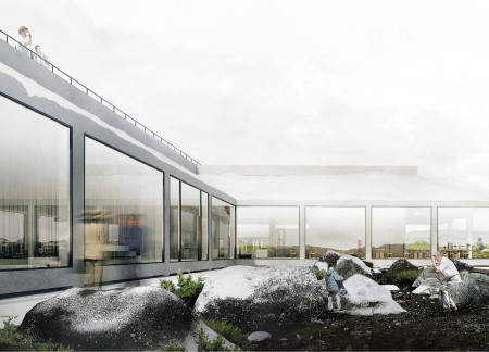 Natural Stone Integration and Light-Reflecting Glass in a Community Pavilion