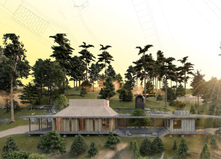 Ventilated Wind Tower With Precast Concrete Panels Nestled in a Serene Forest Retreat