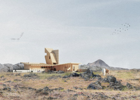 Charred Wooden Shingles and Cross-Laminated Timber Panels Harmonize with Volcanic Landscape in Community Space  