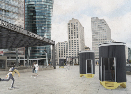 Cylindrical Performance Booths with Transparent Polycarbonate and Weather-Resistant Wood Elements