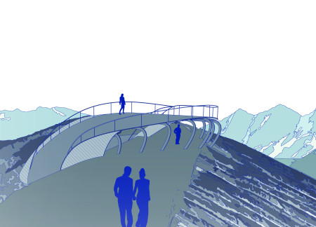 Curvilinear Glass Facade With Reinforced Concrete and Timber Integration in Elevated Landscape Observation Space  