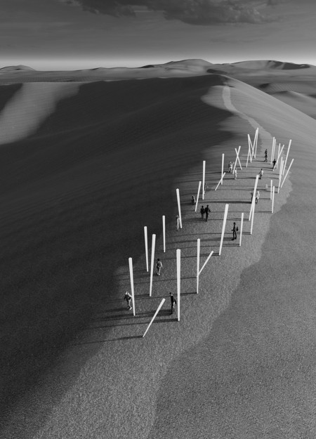 Reflective Stainless Steel Structures Engaging Volcanic Terrain Through Interactivity and Natural Textures