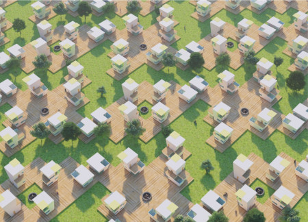 Trapezoidal Modules Clad in Sustainable Plaster and Photovoltaics for Flexible Living Spaces