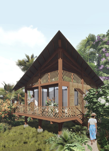 Bamboo Roofing and Reclaimed Materials Forming a Flexible Living Space  