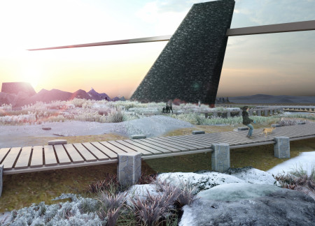 Geological Integration of Charred Wood and Glass in a Scenic Observation Tower  