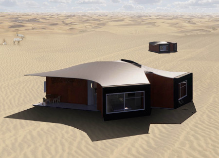 Hemp Insulated Modular Lodges with Cross-Ventilation and Communal Water Capture in Desert Setting