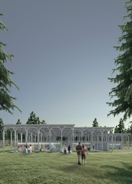 Canopy Structure Composed of Granite and Glass Enhancing Community Reflection  