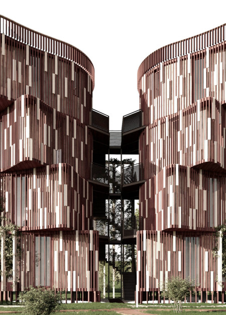 Charred Wooden Shingles and Cross-Laminated Timber Panels Forming Community-Focused Modular Residences  