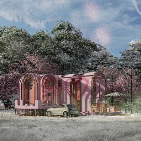 Community-focused multi-use facility featuring cross-laminated timber panels and charred wooden shingles for sustainable design.