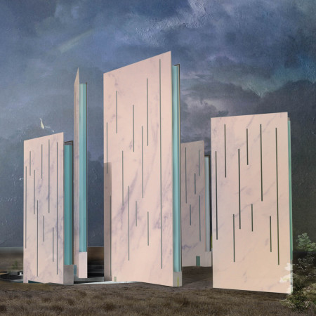 Layered Stone Facades and Transparent Glass in a Crater-Integrated Residential Landscape