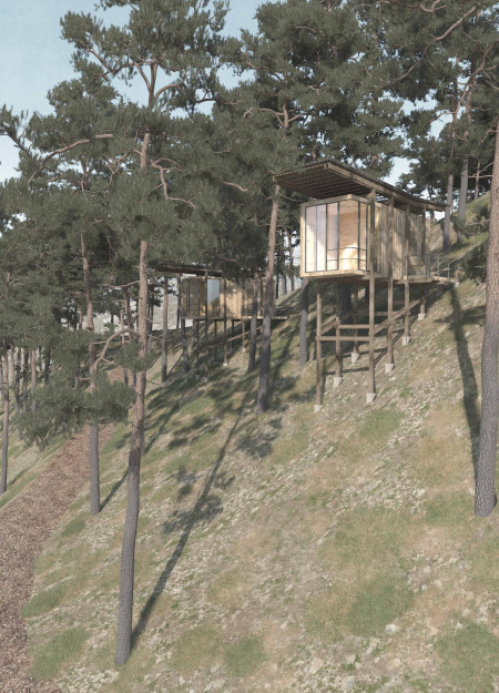 Elevated Sleeping Pods Crafted From Local Timber With Integrated Rainwater Harvesting
