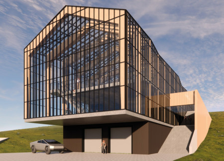 Mycelium Insulated Community Hub Featuring Charred Wood and Expansive Glass Facades