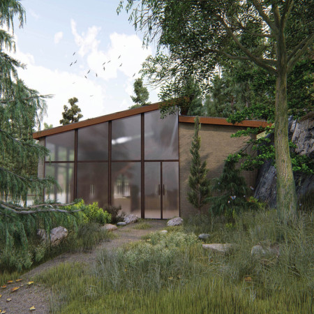 Yoga retreat featuring cross-laminated timber and charred wooden shingles harmonized with a cliffside landscape  