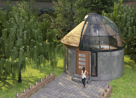 Puzzle-Shaped Moving Glass Wall Integrating Natural Materials in Compact Living Space