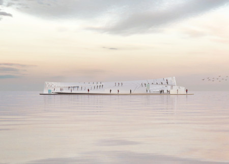 Mirrored Reflections Above Water Crafted with Concrete and Glass for Community Engagement  