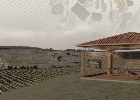 Panoramic Views Framed by Local Stone and Plywood in a Sustainable Wine Tasting Space