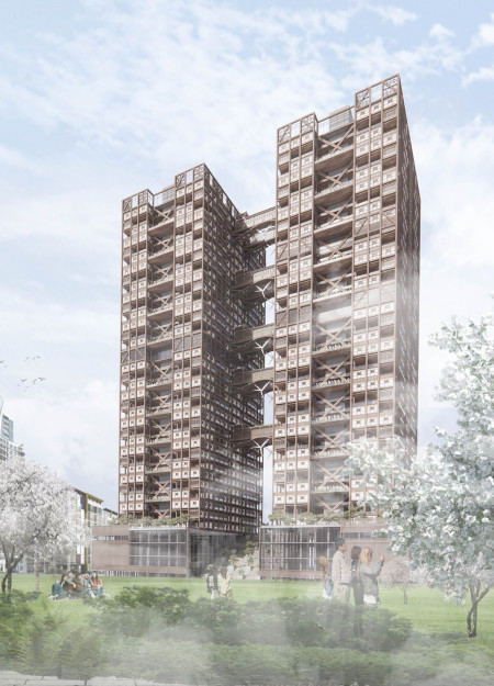Cross-Laminated Timber Residential Skyscraper with Charred Wooden Shingles in Urban Community Setting