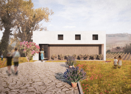 Curvilinear Space Crafted From Polished Marble and White Stucco in a Vineyard Setting