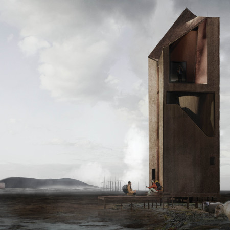 Weathered Concrete Towers Framing Panoramic Views in Icelandic Landscapes