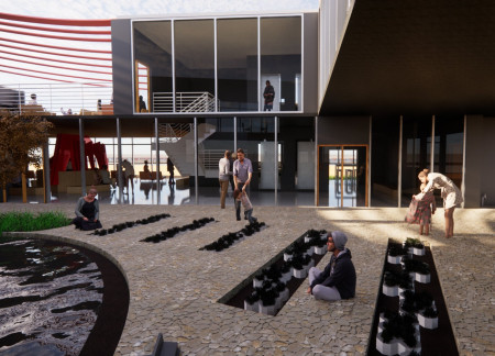 Charred Wooden Shingles and Glass Wall Integration in a Nature-Centric Educational Hub