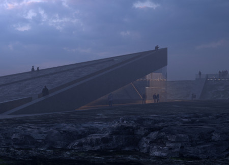 Tapered Structure of Concrete and Glass Harmonizing With Volcanic Terrain