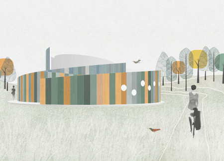 Charred Wooden Shingles and Circular Windows in a Community-Centric Gathering Space  