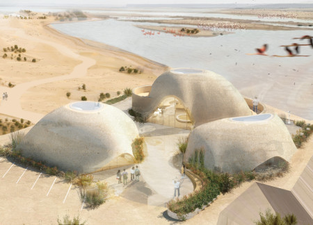 Dome-Like Structures Crafted With Date Palm Leaves and Troweltime Stone for Wetland Observation Center  