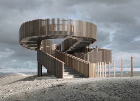 Charred Timber and Curvilinear Steel Pathways Enhancing Volcanic Vistas