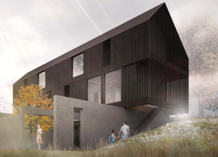 Charred Wooden Shingles Complement Exposed Concrete Walls in a Versatile Family Retreat