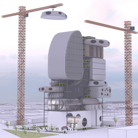 Biomorphic Structure With Green Roofs and Composed Living Spaces Showcasing Sustainable Materials  
