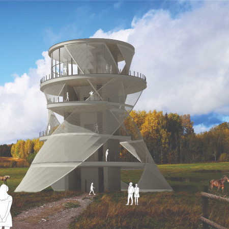 Spiral Observation Tower Featuring Sustainable Local Stone and Translucent Mesh Envelopes