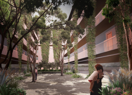 Charred Wooden Shingles and Vertical Gardens in a Sustainable Urban Community Space