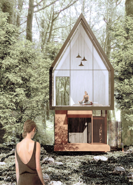 Elevated Sanctuary Crafted from Cross-Laminated Timber and Charred Wood Shingles in a Forest Setting  