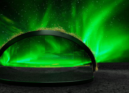 Curved Structure Featuring Tempered Glass and Green Roof for Aurora Observation  