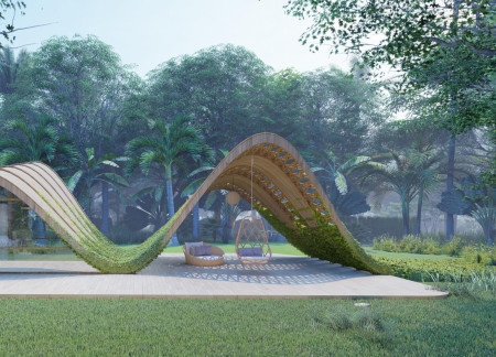 Curvilinear Glass Retreat Crafted from Bamboo and Natural Wood  