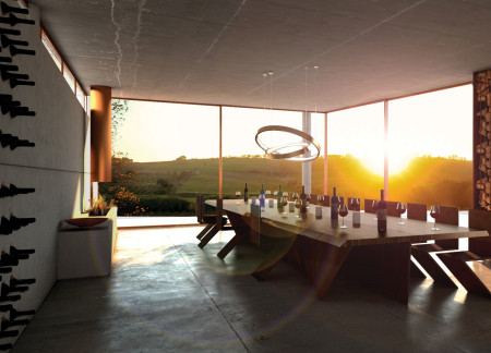 Corten Steel and Concrete Structure Nestled Within the Vineyard Landscape