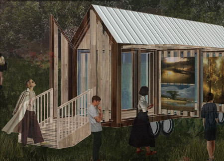 Expandable Canopy Structure with Natural Wood Accents for Versatile Living