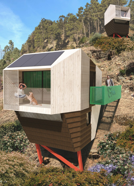Stacked Living Spaces Crafted From Sustainable Cork and Wood In Harmony With Natural Landscapes