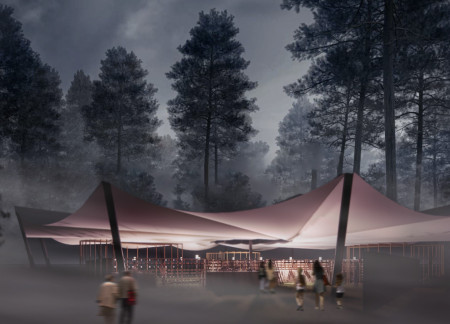 Flame-Centered Design Featuring Adaptive Walls and Timber Integration for Communal Gathering