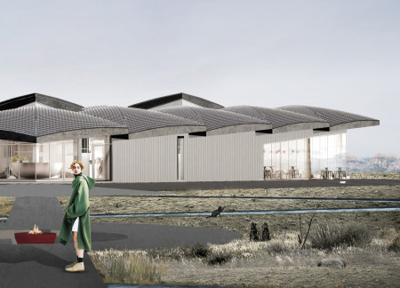 Hyperboloid Roof Structure Featuring Natural Slate and Cork Flooring in an Eco-Conscious Community Space