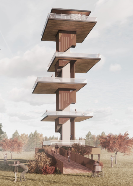 Staggered Viewing Platforms Created with Natural Wood Cladding and Reinforced Concrete for Community Engagement  