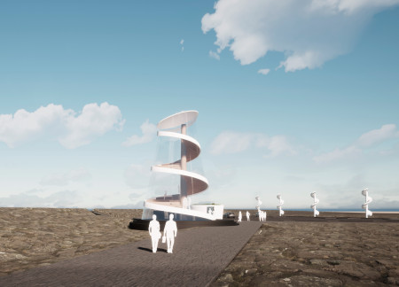 Spiral Viewing Tower Crafted From Composite Wood and Local Lava Stone Overlooks Natural Landscape