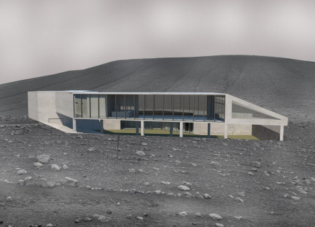 Sheltered Terraces of Reinforced Concrete Embracing Hverfjall's Unique Volcanic Landscape  