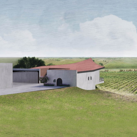 Curved Concrete and Timber Structure Embracing Vineyard Views for a Wine Tasting Experience  