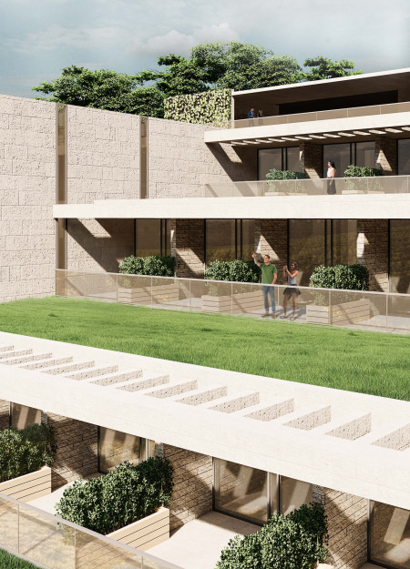 Hotel featuring terraced design and sustainable materials in a vineyard setting  