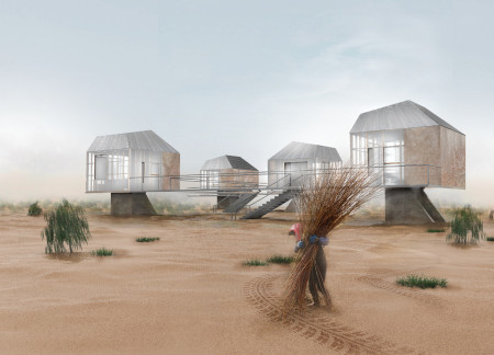 Charred Wooden Shingles and Elevated Modular Systems for Eco-Friendly Living in Desert Landscapes