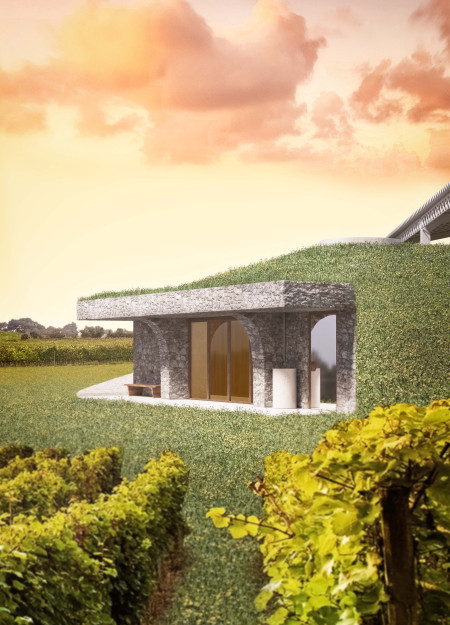 Cork-Insulated Space Blending Natural Stone and Wood Within a Vineyard Setting