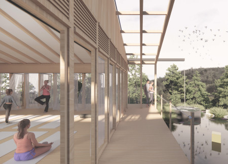 Biomass Energy Hub with Transparent Glass and Natural Timber Elements for Mindful Retreats