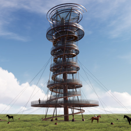 Corten Steel Spiral Tower Uniting Ecology and Community Observation  